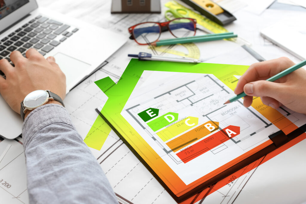 Neubau, Hausbau, Energieeffizienz, Dr. Suchy, Das-Massivhaus.com | Mann am Schreibtisch vor PC mit skizziertem Haus und Energieverbrauchsagabe. Copyright Adobe Stock.